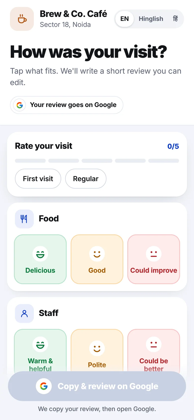 JusTouch review page opened on a phone after tapping the card